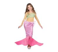 My Other Me - Costume Sirena Bambina, taglia 10-12 anni. Include abito a maniche lunghe con top verde chiaro aderente e gonna rosa brillante con fiocchi e pinna. Immergiti nel mondo marino con stile.