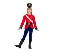 My Other Me - Costume Soldato Schiaccianoci Bambina, taglia 5-6 anni. Include giacca rossa, pantaloni blu, cintura e cappello neri, con dettagli dorati. Classico racconto natalizio.