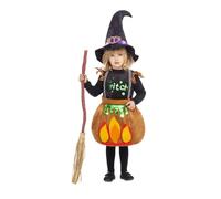 My Other Me - Costume Strega Bambino Ragazza, Taglia 12-24 mesi. Include abito con gonna calderone e cappello a V nero con nastro viola e fibbia. Una mini maga con stile affascinante.