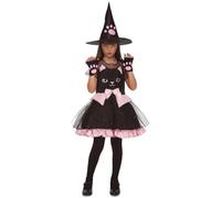 My Other Me - Costume strega gatto ragazza, taglia 7-9 anni. Include cappello con impronte rosa, abito nero con tulle e bordo a volant rosa e guanti con zoccoli. Magica miscela di strega e gattina.