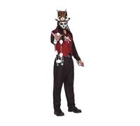 My Other Me - Costume stregone voodoo uomo, taglia M-L. Include camicia nera, gilet rosso con stampa ragnatela, cintura nera con teschi, collana con ossa, braccialetto, serpente e ciondolo.