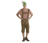 My Other Me - Costume Tirolese da uomo, taglia S. Include camicia rossa e bianca a quadri, pantaloni pirata marrone con dettagli dorati e rossi e bretelle e cappello verde piumato.