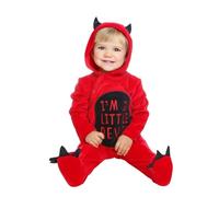My Other Me - Costume unisex Diablo bambino, taglia 7-12 mesi. Include tuta rossa con cappuccio con orecchie nere, artigli sui piedi, pettorina con scritta "I'm a little devil" e coda nera.
