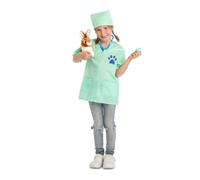 My Other Me - Costume veterinario per bambini, unisex, taglia 3-5 anni. Include camicia verde con impronta di cane, cappello, fonendoscopio e coniglio di peluche marrone e bianco. Prenditi cura dei