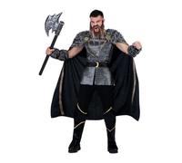 My Other Me - Costume vichingo uomo, taglia S. Include mantello nero con spille dorate, colletto e maniche in pelliccia sintetica, tunica grigia con borchie metalliche, cintura e copristivali neri.