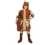 My Other Me - Costume Viking Bambino, taglia 7-9 anni. Include abito con mantello marrone e dettagli in pelliccia sintetica, cintura e polsiere dorate, copristivali e casco abbinato con corna dorate.