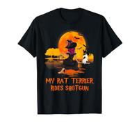 My Rat Terrier Rides Shotgun Dog And Witch Funny Halloween Maglietta