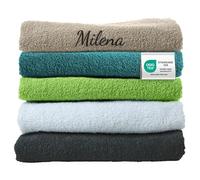 my STITCHERY Oeko-TEX® Standard 100, asciugamano da bagno personalizzato in cotone sostenibile, con nome ricamato o testo a scelta (70 x 140 cm, beige)