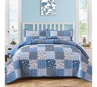 Mybedsoul Set copripiumino blu bohémien, per letto queen size, 3 pezzi, plaid floreale, set per tutte le stagioni, set di biancheria da letto reversibile patchwork per letto queen size 228,6 x 228,6