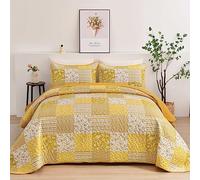 Mybedsoul, Set di biancheria da letto in stile boho, per letto matrimoniale matrimoniale, 3 pezzi, con copriletto trapuntato e motivo floreale, reversibile, 228,6 x 243,8 cm, colore giallo