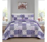 Mybedsoul - Set di biancheria per letto matrimoniale queen size, 3 pezzi, con copriletto trapuntato e motivo floreale stile boho, per tutte le stagioni, reversibile, 228,6 x 243,8 cm, colore: viola