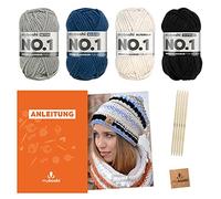 myboshi Irvine, set da maglia con berretto n. 1, in lana, ago e istruzioni, per cappelli e sciarpe, pacchetto per maglieria, 30% lana merino Marine con uncinetto