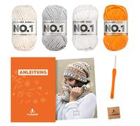 myboshi Set all'uncinetto Izu e sciarpa Settsu, set all'uncinetto per principianti, con lana n. 1, ago e istruzioni, per berretto e sciarpa, pacchetto all'uncinetto, 30% lana merino argento con