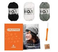 myboshi Wakayama, set all'uncinetto per principianti, con lana n. 1, ago e istruzioni, etichetta, pacchetto all'uncinetto per principianti, 30% lana merino nero, bianco con uncinetto