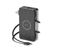 myCharge RetractaCharger - Caricabatterie portatile da 10000 mAh, con cavi USB-C e Lightning retrattili da 71 cm, ricarica wireless Qi, spina da parete integrata, tessuto di alta qualità, display