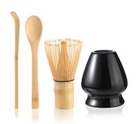 Mycketop Matcha - Set di 4 frusta tradizionale in bambù, paletta, cucchiaio, supporto in ceramica, colore: Nero
