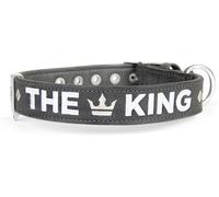 MyFamily Collare per Cani in Similpelle Grigio e Nero Royal Ricamo The King con Finiture in Argento Antico L (42-50cm)