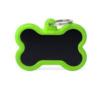 MyFamily Medaglietta per Cane Personalizzata, A Forma di Osso XL Nero e Verde, Targhetta Cane con Incisione Gratis, Smaltata a Mano in Alluminio e Gomma, Collezione Hushtag