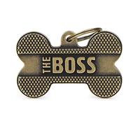 MyFamily Medaglietta per Cane Personalizzata Made in Italy, Osso XL "The Boss", Targhetta Cane con Incisione Gratis, Ottone Inglese, Collezione Bronx