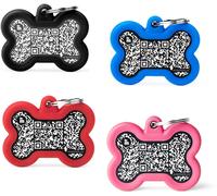 MyFamily Medaglietta per Cani QR Code Hushtag Osso Alluminio Nero Nero con gomma blu