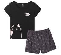 MyFav Pigiama da donna Carino Panda Maglietta da notte Top e pantaloncini Set Pigiama Comfort estivo da donna, Gatto nero, L