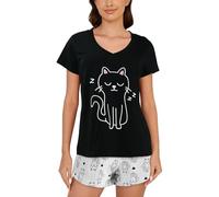 MyFav Pigiama da donna Carino Panda Maglietta da notte Top e pantaloncini Set Pigiama Comfort estivo da donna, Gatto nero, XS