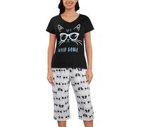 MyFav Pigiama da donna Soft Red Wine Printed Short Sleeve Pigiama Capri Set, Gatto Nero, XL