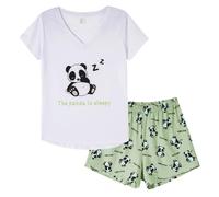 MyFav Pigiama estivo da donna, 2 pezzi, motivo: gatto carino, Panda bianco., S