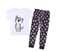MyFav Pigiama lungo da donna, set morbido in due pezzi, biancheria da notte a maniche corte e pantaloni lunghi, bianco, S