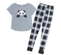 MyFav Pigiama lungo da donna, set morbido in due pezzi, biancheria da notte a maniche corte e pantaloni lunghi, Grigio Panda, M