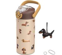 MYFOREST 400 ml borraccia termica per bambini, acciaio chirurgico, motivo originale ad alta risoluzione, lavabile in lavastoviglie, targhetta identificativa, moschettoni (Beige. Bassotti marroni)
