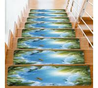 Myfsucce 15 tappetini per scale, 20 x 76 cm, antiscivolo, riutilizzabili, staccabili e attaccabili, per anziani, bambini e animali domestici, pappagalli volanti con foglie di palma blu cielo