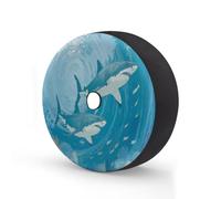 Myfsucce Copricerchio di scorta con due squali che nuotano a spirale con foro per telecamera di backup, in poliestere, antipolvere, per auto, camion, rimorchi, SUV, camper, 35,5 cm