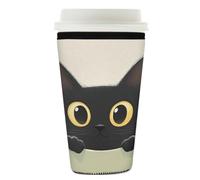 Myfsucce Manicotto per tazza da caffè, riutilizzabile, in neoprene, con simpatico gatto nero che sbircia, spessore 2 mm, dimensioni 74-793,8 g