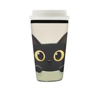 Myfsucce Manicotto per tazza da caffè, riutilizzabile, in neoprene, con simpatico gatto nero che sbircia, spessore 2 mm, dimensioni 473-510 g