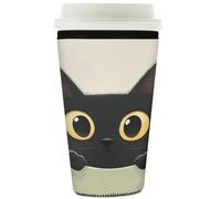 Myfsucce Manicotto per tazza da caffè, riutilizzabile, in neoprene, con simpatico gatto nero che sbircia, spessore 2 mm, dimensioni 907,2 g
