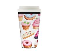 Myfsucce Manicotto per tazza da caffè, riutilizzabile, in neoprene, con stampa a ciambella e cupcake, spessore 2 mm, dimensioni 473-510 g