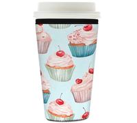 Myfsucce Manicotto per tazza da caffè, riutilizzabile, in neoprene, con stampa cupcake e ciliegie, spessore 2 mm, dimensioni 907,2 g