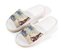 Myfsucce Pantofole da donna, con punta aperta, antiscivolo, comode, traspiranti, estive, in lino, pantofole da casa per donne e uomini, per interni, Retro Torre Eiffel Londra New York City, 38.5/39.5