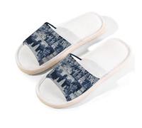 Myfsucce Pantofole da donna, con punta aperta, antiscivolo, comode, traspiranti, estive, in lino, pantofole da casa per donne e uomini, per interni, Architettura della città blu scuro, 42.5/43 EU