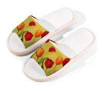 Myfsucce Pantofole da donna, con punta aperta, antiscivolo, comode, traspiranti, estive, in lino, pantofole da casa per donne e uomini, per interni, Fiori di tulipano arancio rosso, 41/42 EU