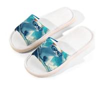 Myfsucce Pantofole da donna, con punta aperta, antiscivolo, comode, traspiranti, estive, in lino, pantofole da casa per donne e uomini, per interni, Gatto bianco che naviga sull'onda, 38.5/39.5 EU