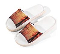 Myfsucce Pantofole da donna, con punta aperta, antiscivolo, comode, traspiranti, estive, in lino, pantofole da casa per donne e uomini, per interni, Nebbia al tramonto della foresta rossa, 40/40.5 EU