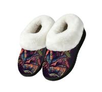 Myfsucce Pantofole soffici da donna e uomo, calde e accoglienti, con retro chiuso | Collare in pelliccia sintetica pelosa, suola in gomma TPR antiscivolo, per interni ed esterni, stampa colorata con dinosauro