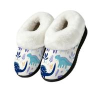 Myfsucce Pantofole soffici da donna e uomo, calde e accoglienti, con retro chiuso | Collare in pelliccia sintetica pelosa, suola in gomma TPR antiscivolo, per interni ed esterni, motivo dinosauro blu fumetto