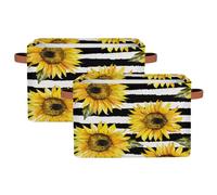 Myfsucce Scatole portaoggetti in tessuto con manici, motivo girasoli a righe nere, pieghevoli, grandi, per la casa, 38 x 28 x 24 cm, confezione da 2