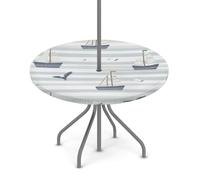 Myfsucce Tovaglia impermeabile per esterni, con foro per ombrello, cerniera, barca a vela, gabbiano, motivo a righe, elasticizzata, con foro per ombrellone, adatta per tavolo rotondo da patio, 91,4