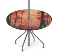 Myfsucce Tovaglia impermeabile per esterni, con foro per ombrello, cerniera, foresta rossa, tramonto nebbia, tovaglia da giardino elasticizzata con foro per ombrellone, adatta per tavolo rotondo da
