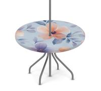 Myfsucce Tovaglia impermeabile per esterni, con foro per ombrello, cerniera, motivo floreale blu pesca, tovaglia da giardino elasticizzata con foro per ombrellone, adatta per tavolo rotondo da patio