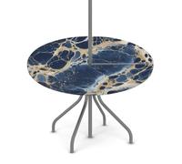 Myfsucce Tovaglia impermeabile per esterni, con foro per ombrello, cerniera, motivo marmorizzato blu oro, tovaglia da giardino elasticizzata con foro per ombrellone, adatta per tavolo rotondo da patio